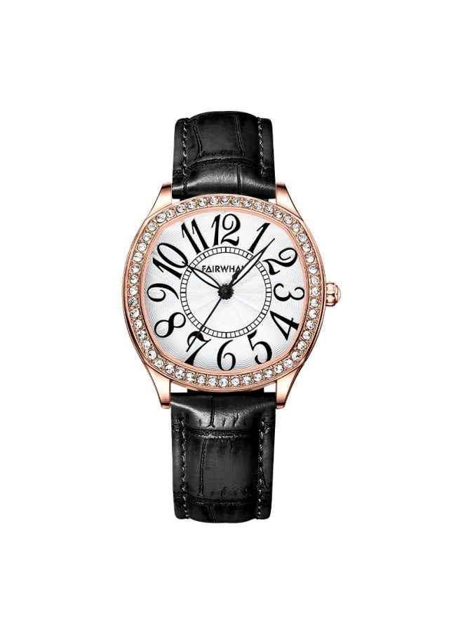 Mark Fairwhale Black Strap: Mark Fairwhale Retro Water-resistant Diamond-set Watch - White Dial, Stainless Steel Case, Black Genuine Leather Strap - Image 1